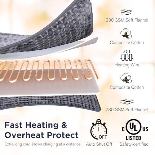 Portable Electric Heating Pad for Back Pain Relief - 17 x 33 Grey