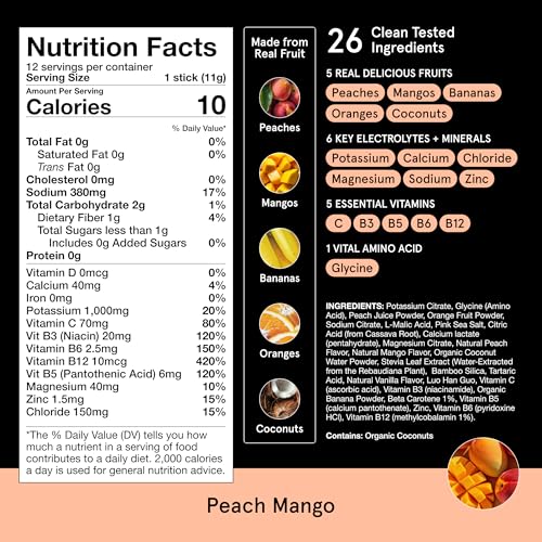 Image of DryWater Electrolyte + Vitamin Hydration Powder Packets - Peach Mango, 1,000mg Potassium, Real Organic Fruit, NSF Certified for Sport, Nothing Artificial, No Added Sugar (12 Stick Packs)