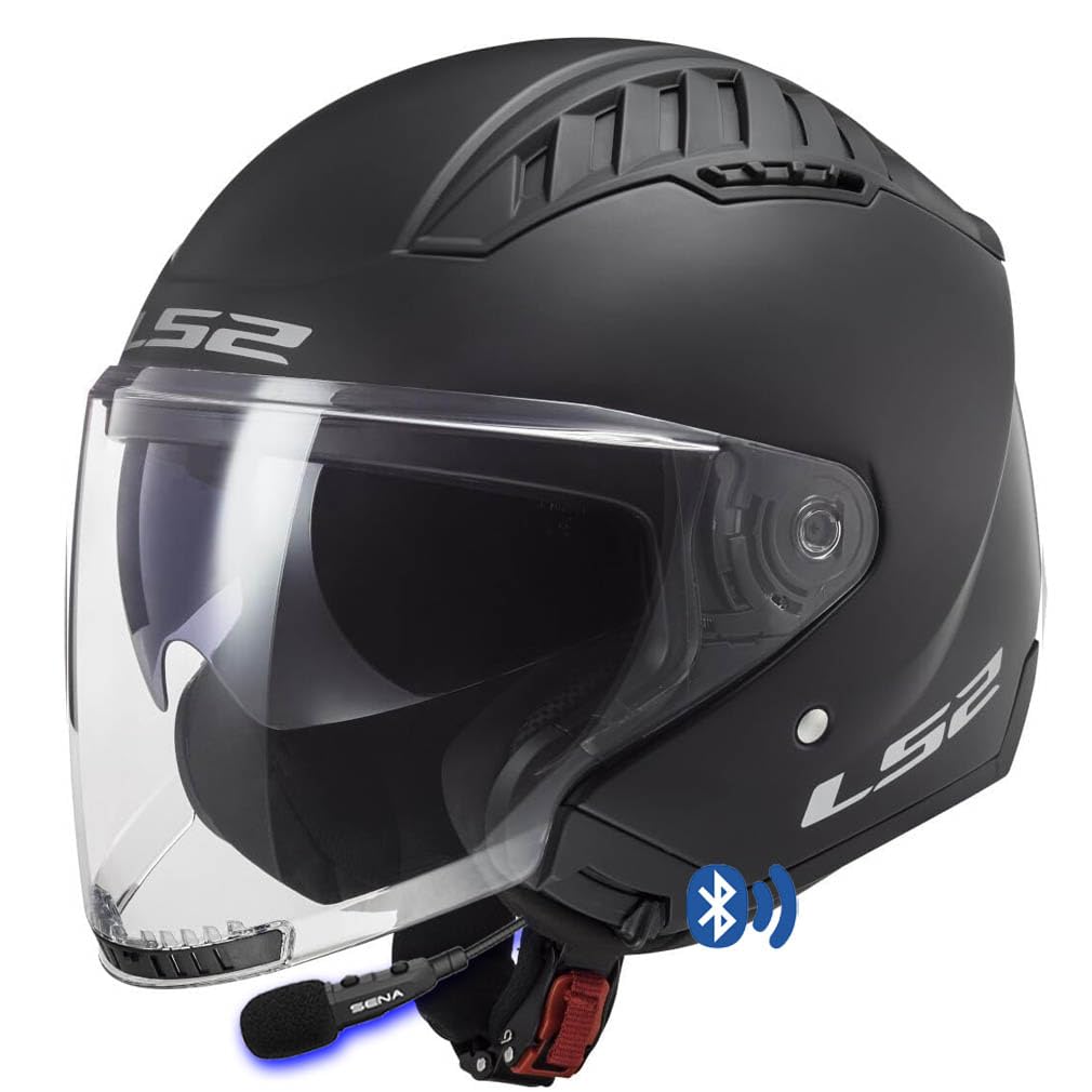 Designed LS2 OF600 Copter II Negro Mate Bluetooth Sena Integrado - Casco de Moto Jet Abierto con Visor Solar - Helmets Unisex Hombre y Mujer - Homologado ECE 22.06