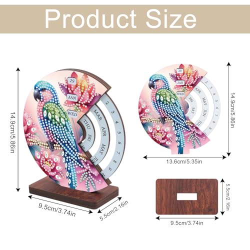Image of AiYuanzsh 3D Diamond Art Tabletop Calendar, DIY Wooden Desk Ornament with Parrot and Flower Design, Sparkling Diamond Painting Kit for Desktop Decoration & Gifts