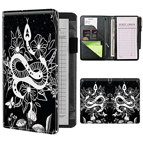 Server Books for Waitress Waiter with Zipper Pocket, Witchy Snake Moon Leather Server Pads Waitstaff Organizer Guest Check Presenters Server Wallet Money Holder Pouch Fit Apron