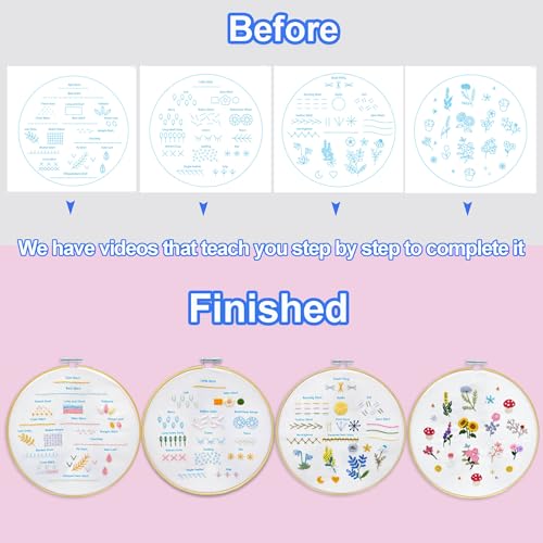 Image of Sutesloly Hand Embroidery Kit for Beginners Adults, 4 Sets Learn to Floral Patterns Simple Starter kit for Beginners, Easy Practice Kit, 7.8inch Hoop, DIY Craft Gift for Women, Pink and Blue