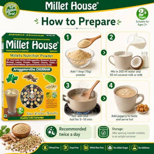 Image of Millet House Millets Nutrition Powder 400 Gram | Arogyamrutha Churnam 100% Organic Indian Traditional Recipe | Healthy Siri dhanya Millet Powder | Millet Health Mix (2+ Years) (Pack of 1, 400 grams)