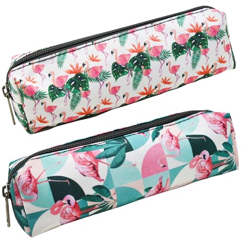 Image of Maydahui 2 PCS Large Capacity Polyester Pencil Case Flamingo Palm Leaves Flower Style Pen Pouch Holder Storage Bag Organizer Box Makeup Pouch Cosmetic Bag for Women Party Travel