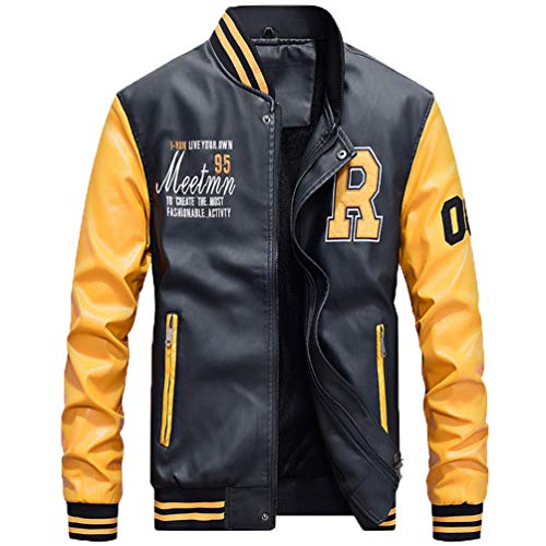 Yonglan Hombres Chaqueta de Cuero Cuero de la PU Chaqueta de béisbol Colores Mezclados Abrigo de Pieles Amarillo L