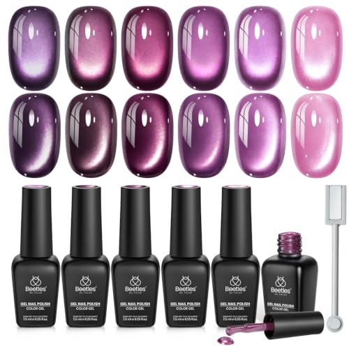 Image of Beetles Purple Cat Eye Gel Nail Polish Set, Plum Moonlit 6 Colors Glitter | Fall Gel Polish Kit Magnetic 3D Shimmer Effect Soak Off UV DIY Salon Nail Art Manicure Gift for Women