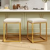 MAISON ARTS White & Gold Counter Height 24" Bar Stools Set of 2 for Kitchen Counter Modern Barstools Upholstered Faux Leather Square Stools Backless Farmhouse Island Chairs,Support 330 LBS, 24 Inch