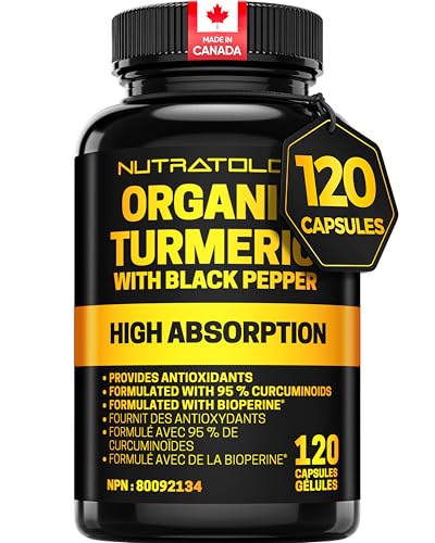 Nutratology Curcumine de curcuma biologique avec biopérine et poivre noir | Fabriqué au Canada | Support articulaire anti-inflammatoire avec 95% de curcuminoïdes pour une absorption maximale
