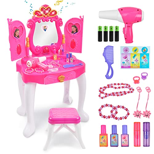 Ylovetoys Kids Vanity Makeup Table for Little Girl, Toddler Princess Vanity Play Toy Set with Mirror and Stool, Lights, Music Sound, Beauty Fantasy Dress Up Set, Gift for Little Girls 3-5 Years Old
