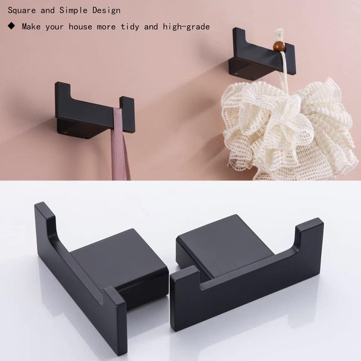 RANDOM Black Double Towel Hook SUS304 Stainless Steel Towel Hooks for Bathroom Wall Mounted Coat Hooks Heavy Duty Wall Hook Square Hand Towel Holder Matte Black Robe Hook.96009-8MB-2 image 2