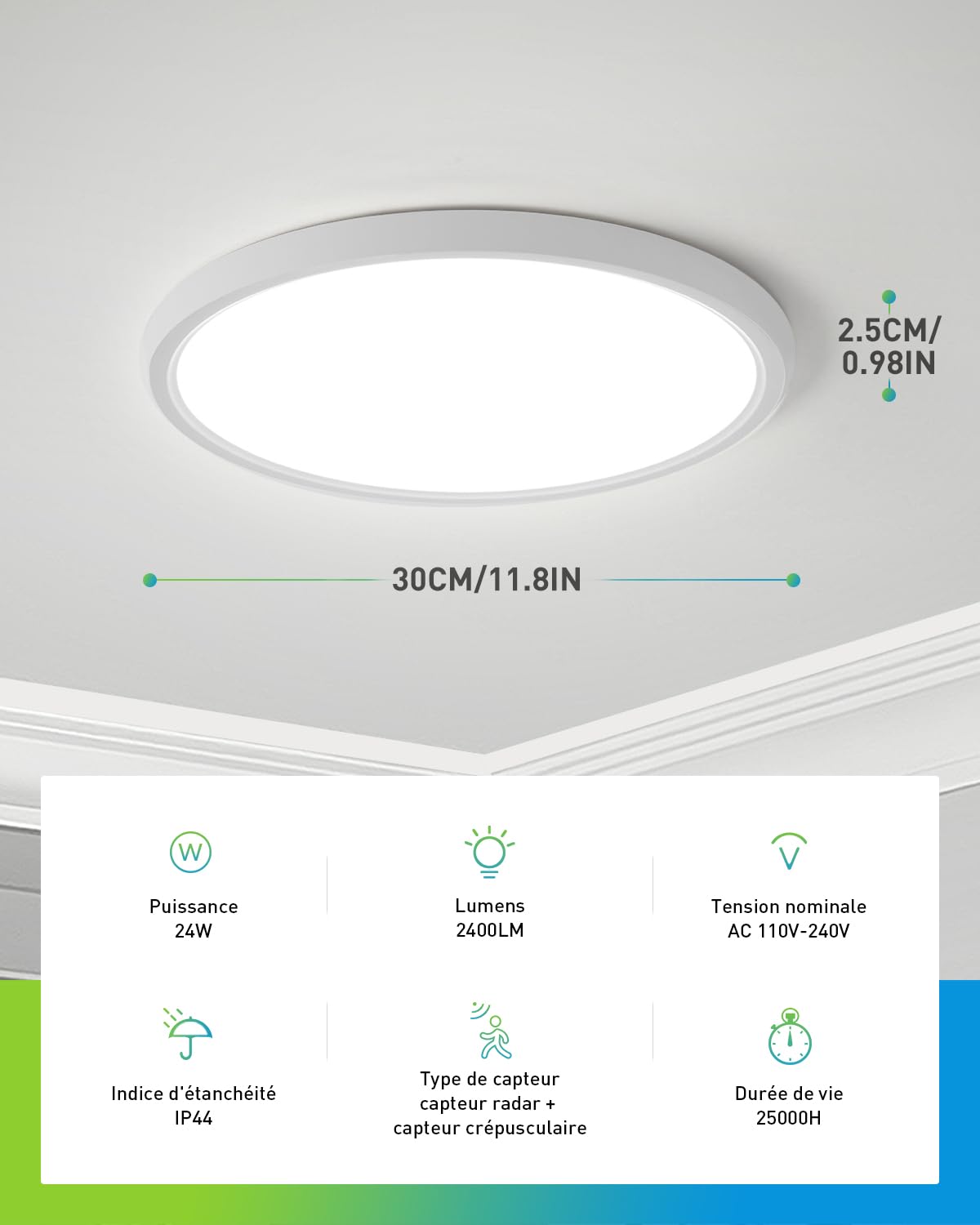 Yafido Plafonnier LED, 24W 2400LM Luminaire Plafonnier LED avec Détecteur de Mouvement, 3000K-6000K Lampe Plafond avec Télécommandé, Ø30cm Led pour Cuisine,Salle de Bain