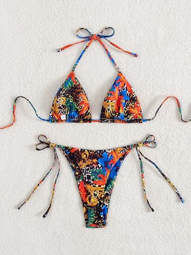 Image of Tainehs Women's Sexy Halter Thong Bikini Tie Two Sides Bottom Triangle Bikini Swimsuits