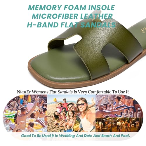 Image of NianEr Womens Microfiber Leather Memory Foam H Sandals Summer Shoes Slides | Flat, Comfortable, Slip On, Dressy, Dress, Beach, Vacation, Designer, Comfy, Casual, Bridal, Church, Boho, Office, Work