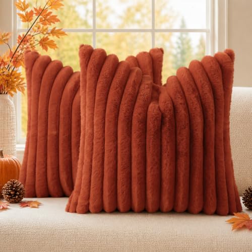 Image of decorUhome Fall Cozy Faux Fur Throw Pillow Covers 26x26 Set of 2 Decorative Soft Plush Striped Modern Farmhouse Boho Couch Euro Sham Pillow Cases with Velvet Back for Sofa Bed Living Room, Rust