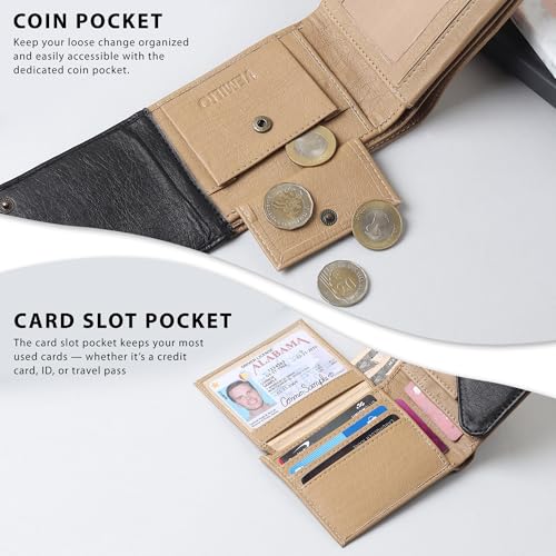 Image of VEMILIO Men's Vegan Leather Wallet for Men | Edge Cut Slim Bi-Fold Gents Purse | Stylish Wallet with Coin Pocket | 3 Card Slots | ID Window & 2 Currency Compartments (Beige & Black)
