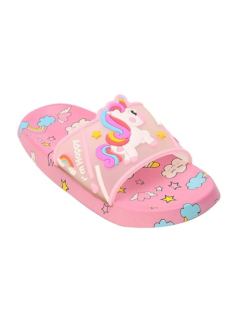 Yellow Bee Rainbow Unicorn Slippers Flip Flops for Girls, Dark Pink