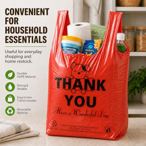 Image of YoYoRain Red Thank you T shirt bag, Grocery shopping bag Reusable and Disposable Supermarket Bag 11''x6''x21'' 100PCS