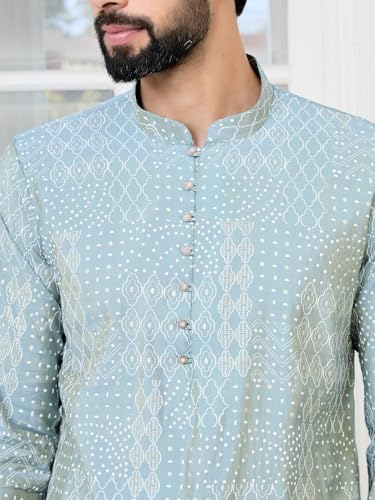 Image of See Designs Men's Full Sleeve Mandarin Collar Floral Embroidered Mandarin Collar Thread Work Straight Long Kurta with Pyjama - Festive Collection