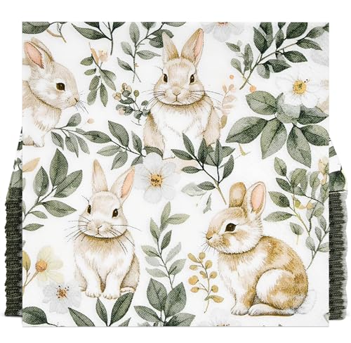 Easter Bunny Cocktail Napkins 100 Pack 3 Ply Paper Napkins Vintage Floral Rabbit Design Spring Party Disposable Dessert Beverage Table Supplies