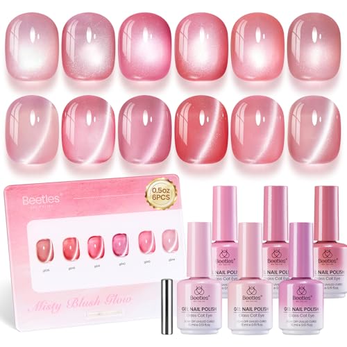 Image of Beetles Misty Blush Glow Pink Cat Eye Gel Nail Polish Set - 6 Colors 15ML Full Size Glitter Pink Spring Cat Eye Gel Polish Kit Magnetic Effect Soak Off UV Nail Art DIY Manicure Gift for Women