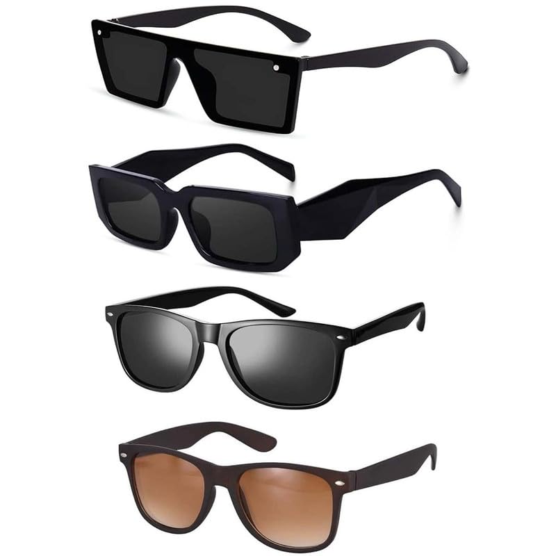 Unisex Combo Offer Pack Of 4 UV400 Protection Stylish Frame Fashion Sunglasses For Men And Women - Black Rectangular Retro Brown Combo Pack With Box-image-21