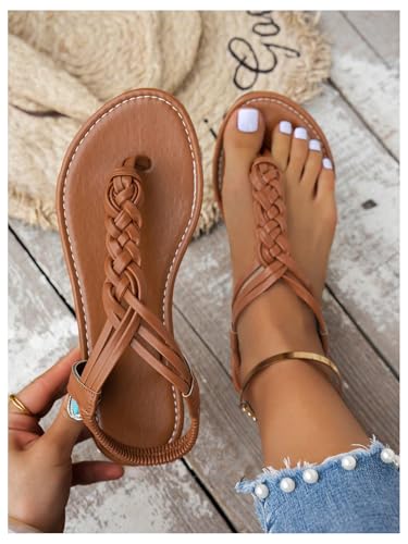 GORGLITTER Women's Braided T Strap Sandals Dressy Summer Ankle Srtap Elastic Beach Thong Sandals2