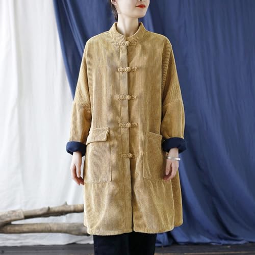 Ystylee Womens Classic Long Corduroy Jacket Sherpa Fleece Lined Loose Button Down Chinese Vintage Jacket Trench Coat4