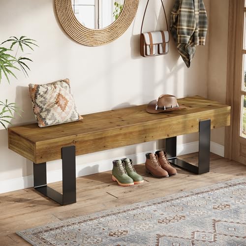 TRIBEWOOD Solid Wooden Entryway Bench, 63\" Farmhouse Indoor Shoe Bench with Metal Legs, Industrial Long End of Bed Stool with Seating for Entry, Hallway, Porch, Living Room, Mudroom, Easy Assembly - Thumbnail 4