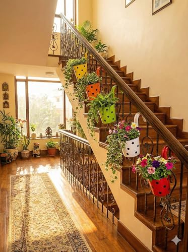 Image of Premium Polka Dot Hook Planter with Inner Pot | Sturdy Plastic Hanging Pots for Balcony Railings | Indoor & Outdoor Gardening (5 Pot, Multicolour)