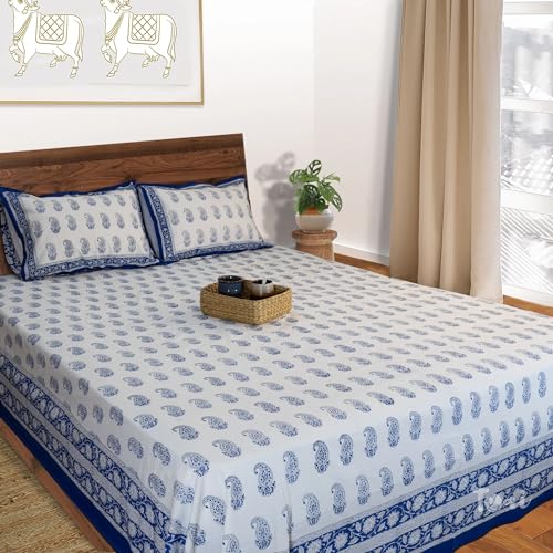 Image of TOAI Hand Block Printed Bedsheet | Bed Spread Flatsheet Bed Sheet | Pure Cotton | Queen Size 90 inchx108 inch | 210 TC Long Staple Cotton | 2 Reversible Pillow Covers |Blue Paan on White
