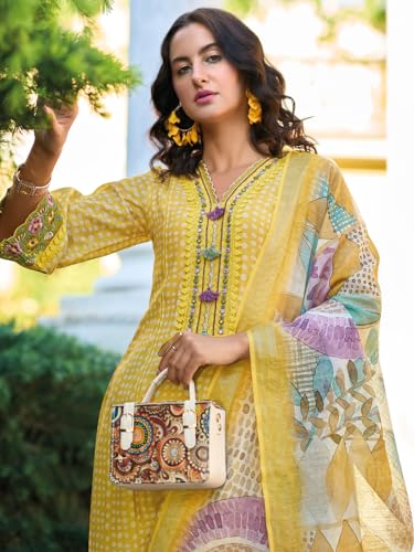 Image of INDO ERA Women's Straight Linen Floral Embroidered Kurta Pant with Dupatta Set (IEOUT9905)
