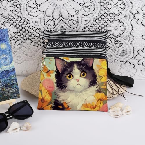 Cat Floral women Crossbody Bag Travel Adjustable Shoulder Strap Messenger Bag Daily Use Crossbody Purse Birthday Gift for Friend Cat Lover Holiday Present for Her or Him3