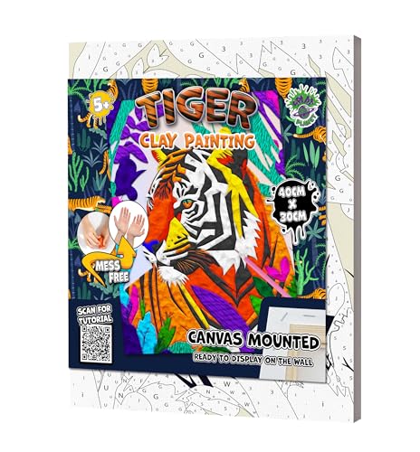 Kit de peinture à l'argile sans dégâts, kit de modelage à l'air comprimé, toile 3D sensorielle et ludique pour enfants, pré-encadrée, 40 x 30 cm, avec outils et guide d'idées, cadeau (Tiger)