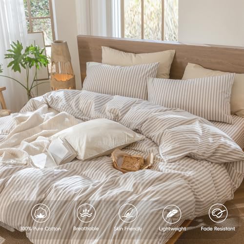 Image of MooMee Striped Duvet Cover Set 100% Washed Cotton Linen Like Twin | Relaxed Linen-like Texture. Soft, Breathable & Long-lasting Comfort. Lightweight. Hidden Zipper with 8 Interior Corner Ties