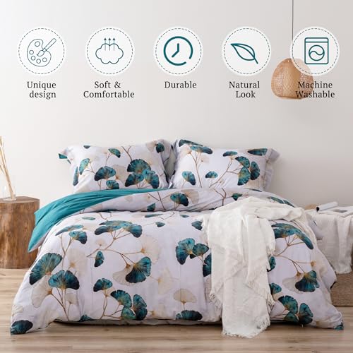 MILDLY 100% Long-Staple Cotton Duvet Cover Set Teal Green Gingko Leaf Pattern Printed Comforter Cover 3pcs, Ultra Soft & Breathable Bedding Set
