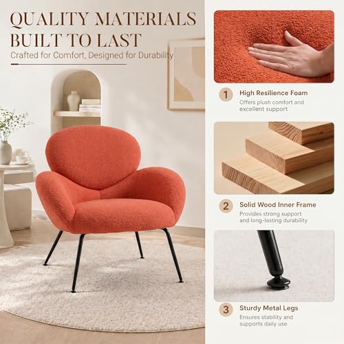 Image of Accent Chairs Set of 2 for Living Room, Boucle Fabric, Burnt Orange | Modern Accent Chair with Cloud Backrest, Soft Textured Boucle Fabric, Small Reading Chair for Sunroom, Reception Area