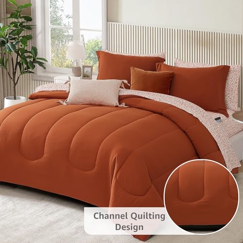 Image of Monbix King Size Comforter Set - 7 Pieces Bed in a Bag King, Burnt Orange Track Stitching Bedding Sets, All Seasons Comforter Bed Set with Sheets