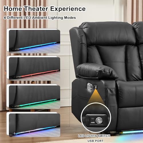 Image of Loveseat Recliner Sofa, RV Recliner Couch, Manual Reclining Loveseat with Console for Living Room, Home Theater Seating with AC /USB C /USB LED Light Drawer (Black,Loveseat with Console)