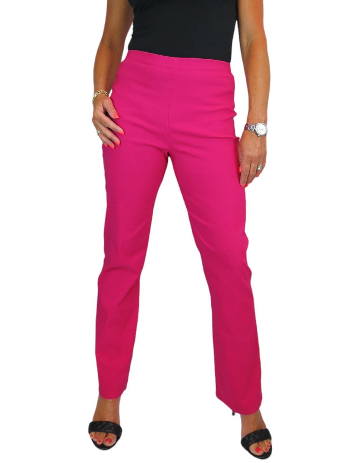 Paulo Due Women's Elasticated Waist Trousers Pull On High Waist Straight Leg Trousers Evening Day Office Work Hot Pink 8-22 (22)