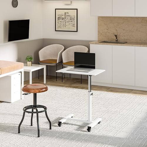Image of Seville Classics Solid-Top Height Adjustable Mobile Laptop Computer Desk Cart Ergonomic Home Office Stand Rolling Table, Overbed (23.6 inch), White