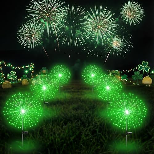 Tujoe 4 Pcs St Patricks Day Solar Lights Solar Firework Lights Decoration 180 LED 8 Modes Waterproof LED Stake Sparkler Decor for Irish Walkway Pathway Driveway Garden Patio Yard Lawn(Green)