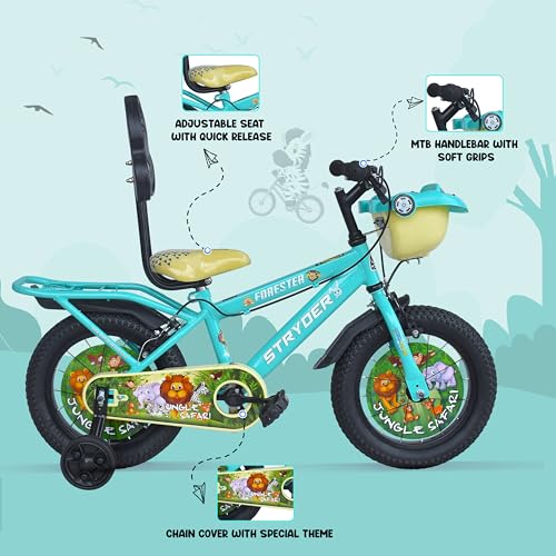 Image of Stryder Forester IC Eva 14-Inch BMX Cycle for Kids (Unisex) | Rigid Mild Steel Frame | Nylon Tyres | Adjustable Seat | Training Wheels & Backrest Support (Turquoise)