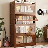 Bookshelves and Bookcases with Acrylic Glass Doors, Freestanding 4 Shelf Display Storage Shelves for Collectibles, 55' Bamboo Tall Bookcase for Living Room Bedroom Home Office (Brown)