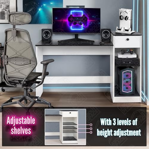 Image of ABOUT SPACE Study Table with Drawer - Computer Table with Bottom Storage Space DIY Engineered Wood Office Desk with 2 Adjustable Shelves for PC Laptop (White, Black Marble - L 123 x B 45 x H 89 cm)