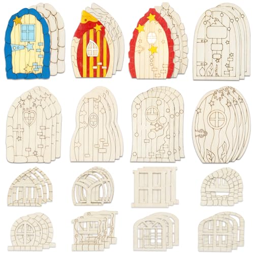 LepoHome 64 Pcs Mini Wooden Fairy Door, Unfinished Wooden Garden Doors DIY Craft Fairy House Kit Unpainted Wood Miniature Blank Windows for Christmas Crafts Home Decoration Accessories