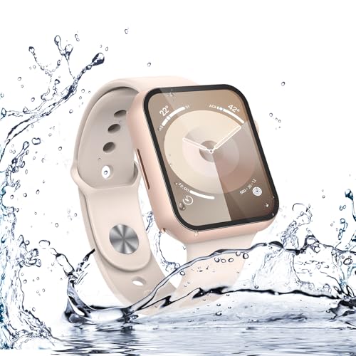 Image of Misxi [2 Pack] Waterproof Hard Case with Tempered Glass Compatible with Apple Watch Series 9 Series 8 Series 7 41mm, Ultra-Thin Cover for iWatch Screen Protector, 1 Rose Gold + 1 Transparent