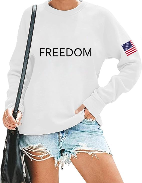 RXGOY Freedom Long-sleeve T-shirt for Women USA Flag American Patriotic Graphic Crewneck Top-White L