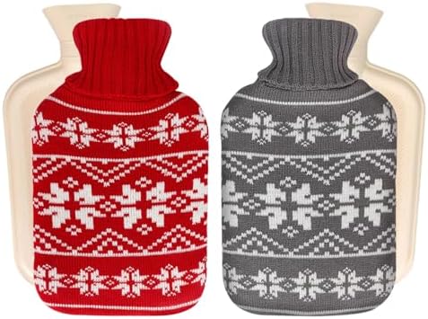Intsun 2 Pack Rubber Hot Water Bottle with Knit Cover, Durable Hot Water Bag Warmer Set 1.8L, Heat Up and Refreezable for Pain Relief, Extra Large Extra Thick Refreezable Hot Cold Pack