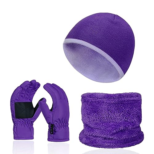 Kids Skiing Snow Winter Gloves Teddy Fleece Scarf Hat Cute Beanie Gloves Neck Warmer for Cold Weather