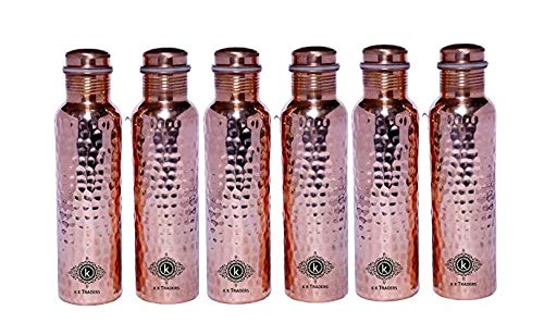 K K TradersHammered Copper Bottles Water 1 Litre, Copper Water Bottle, 1L, Set of 1, Rose Gold (Pack Of 6)